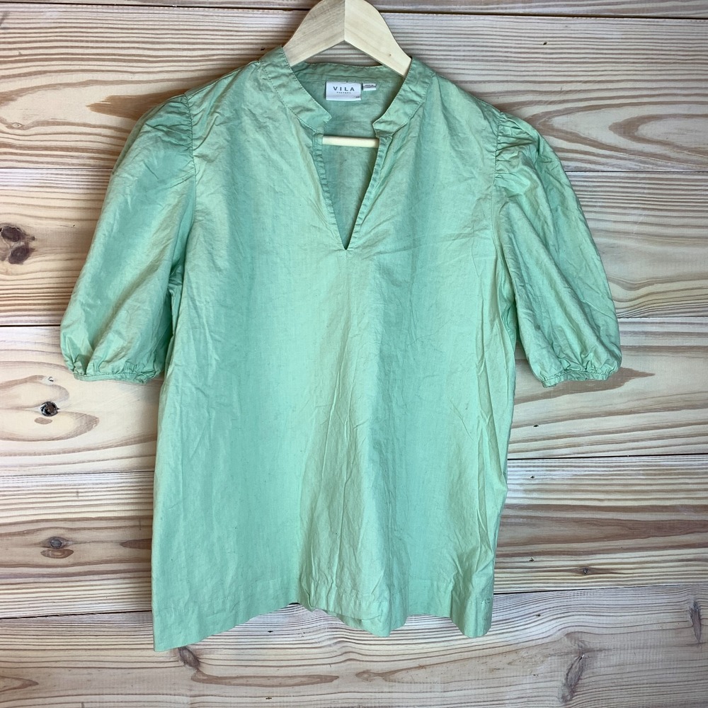 Vila Clothes Top Women 38 Puff Sleeve Pastel Green Croquette‎ Coastal